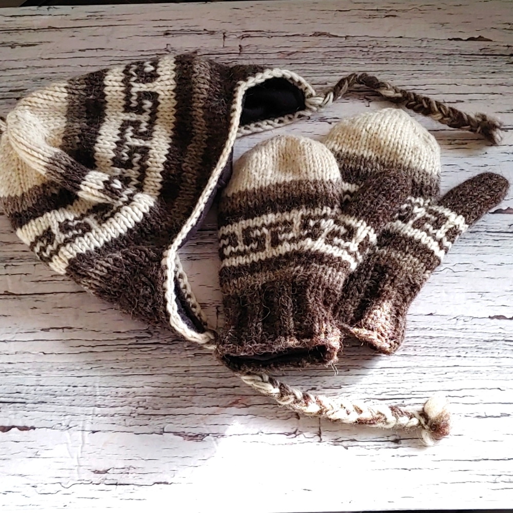 Hand-Knit Brown & Cream Hat with Matching Mittens